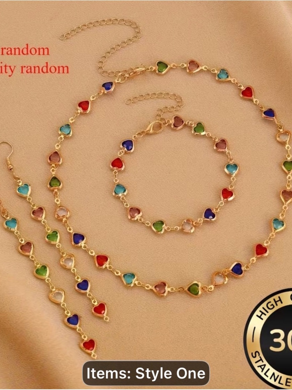 304 Stainless Gold Multicolor Heart Charm Bracelet-Necklace EARRINGS Set-4PCS